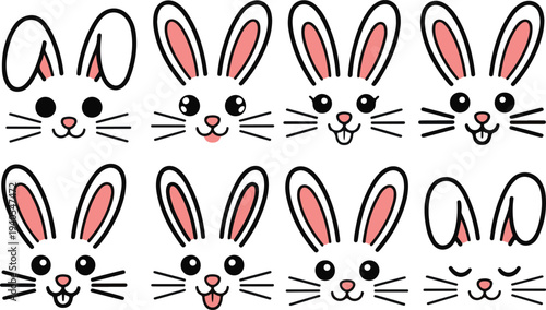 Easter bunny hand drawn, face of rabbits. Ears and muzzle with whiskers, paws. Vector illustration
