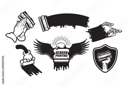 Vintage screen printing illustration set, vector squeegees with dripping ink, paint strokes, and printing tools. retro style badges and emblem elements with an eagle wings logo and shield symbol