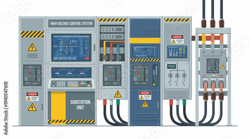 Illustration of a complex high-voltage electrical control system with multiple panels, displays, and wiring.