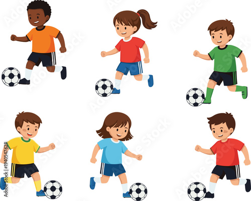 Set of diverse flat vector children playing soccer including boys and girls in sports uniforms running with footballs on white