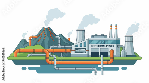 Illustration of a geothermal power plant utilizing volcanic heat for energy generation, with steam rising from the volcano and plant structures.