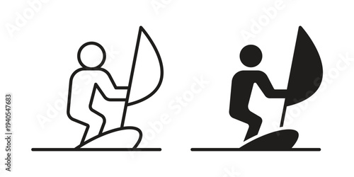 Windsurf icon in black line style set. logotype designs
