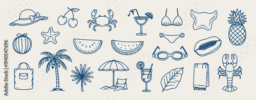 Hand drawn summer beach vacation collection travel
