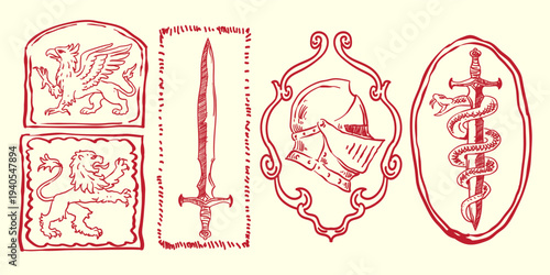 Set of medieval fantasy heraldic print, hand drawn gothic vintage mythology beasts line, RPG game sticker. ancient magic manuscript illustration, dragon logo royal knight shield emblem design