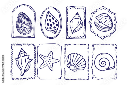Set of hand drawn ink seashells frames. Mediterranean summer. Vector Doodle tropical vacation, beach, ocean print for invitations, cards, poster, placard. ink illustrations in minimalist sketch design