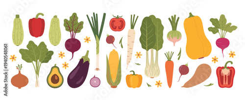 Assorted colorful vegetables and small yellow flowers