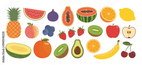 Assortment of colorful fresh fruits arranged on white background