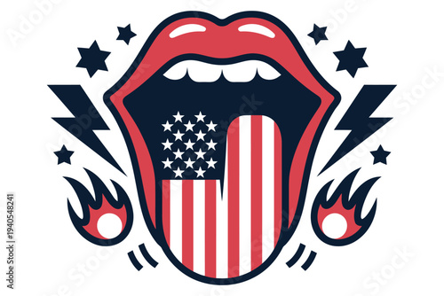 American flag lips with stars, lightning, and flames, rock and roll symbol, patriotic theme, isolated on transparent background.