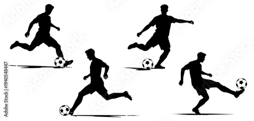 A set of vector silhouette illustrations of soccer players preparing to kick the ball.