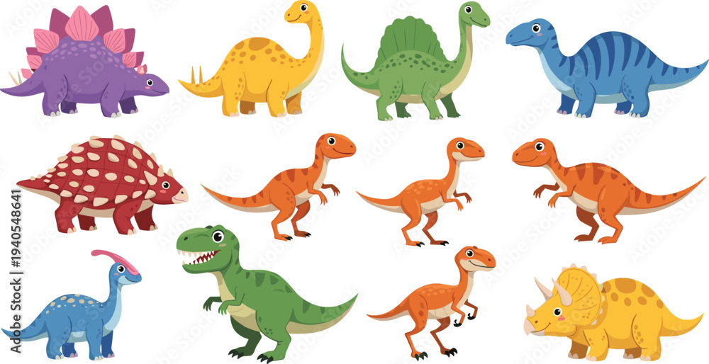 Obraz premium Cute dinosaur cartoon character set with T-Rex Triceratops Stegosaurus and Brachiosaurus collection for kids education nursery decor and prehistoric animal stickers isolated.