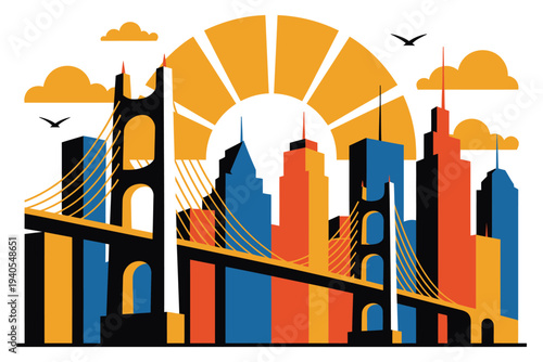 Cityscape with suspension bridge and skyscrapers, sunburst in background, vibrant colors, urban scene, isolated on transparent background.
