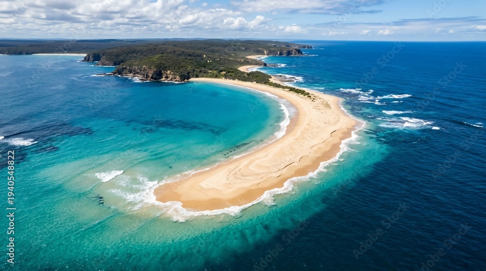 Obraz premium Stunning Aerial View of a Pristine Sandy Beach Curved by Turquoise Ocean Waters.