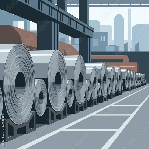 Industrial Warehouse with Rows of Large Metal Coils Stored