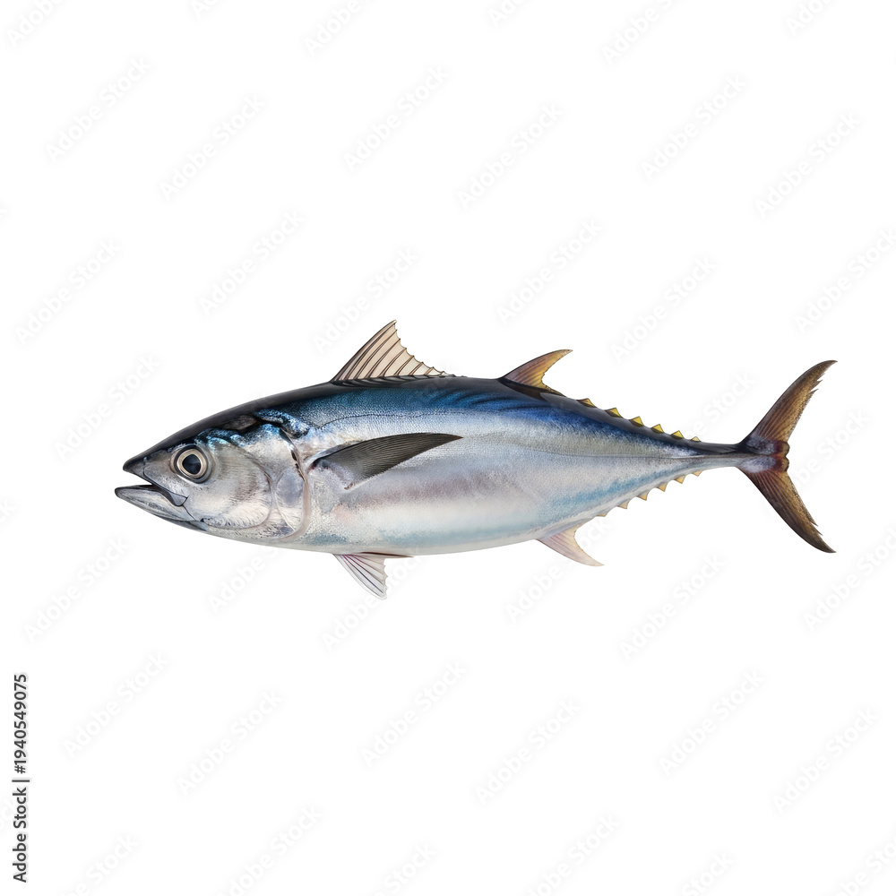Fototapeta premium Bluefin tuna fish with silver blue and yellow markings isolated on a transparent background