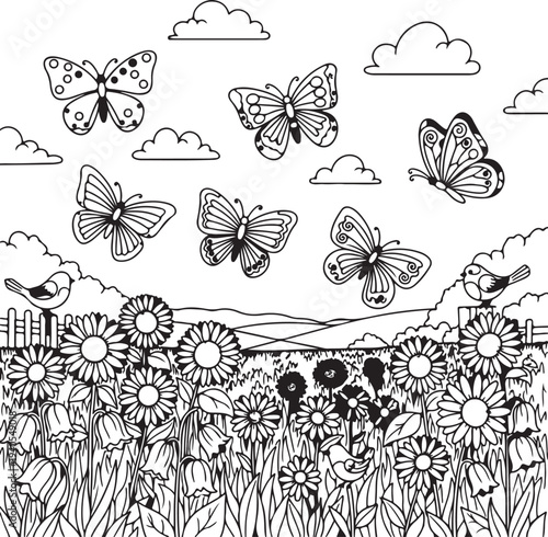 Butterflies flying over a field of flowers on a sunny day