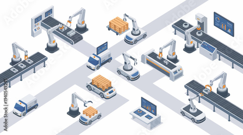 Isometric illustration of an automated factory with robotic arms, conveyor belts, and autonomous vehicles.