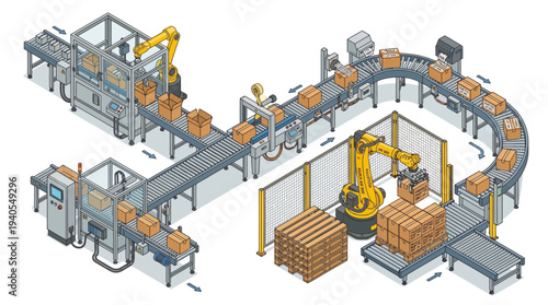 Automated industrial conveyor belt system with robotic arms for packaging and palletizing boxes in a factory setting.