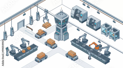 Isometric view of a futuristic automated factory with robotic arms, conveyor belts, and autonomous vehicles.