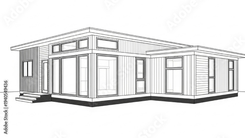 High Quality Black Line Art Modular Prefab House Isometric and Section End View, Modern Residential Architectural Technical Drawing