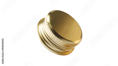 A detailed shot of a gleaming golden metal screw cap with ribbed edges and a smooth top surface in a pristine studio setting isolated on transparent b