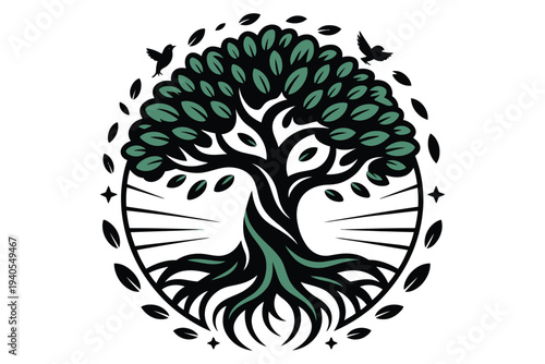 Elegant tree of life with birds and circular frame illustration symbol of nature growth connection and strength vector art