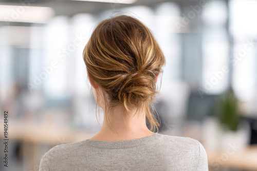 Woman from behind, simple hairstyle, office background, professional setting