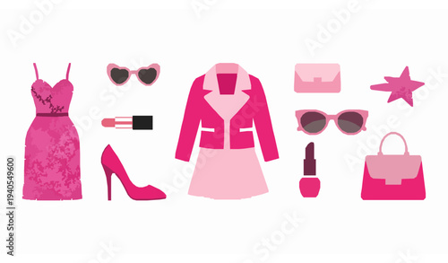 Pink fashion doll clothes and beauty accessories glamorous vector set isolated on white background