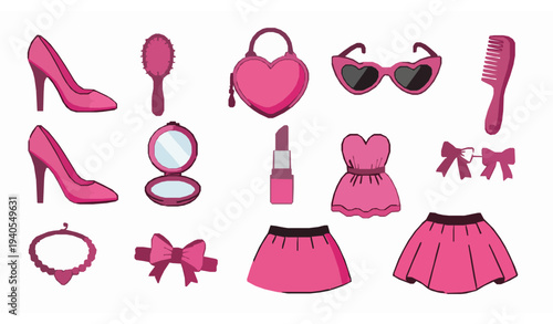 Cute pink doll fashion accessories and clothes set glamorous vector illustration isolated on white background