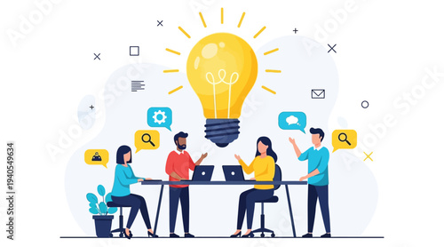 A group of people brainstorming around a large lightbulb with social media icons