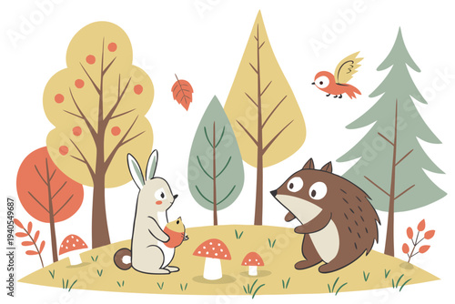Cartoon rabbit and hedgehog in autumn forest with mushrooms and trees