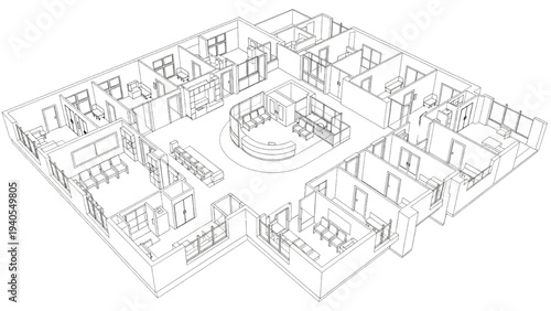 High Quality Black Line Art Modern Hospital Clinic Layout with Reception, Consultation Rooms and Functional Zoning, 3D Architectural Technical Drawing