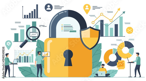 Cybersecurity and data protection concept with lock and business analytics graphs