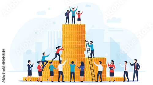 A group of people working together to climb a large stack of gold coins