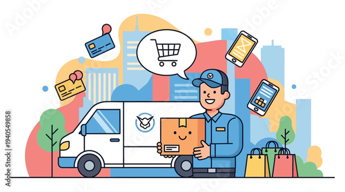 Delivery man with a package standing next to a van with shopping icons around him in a city setting with colorful background