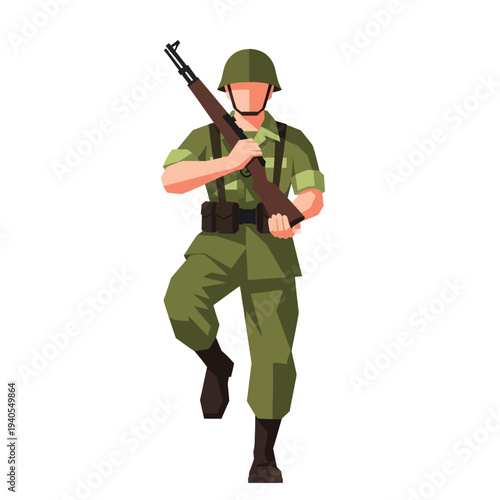 Soldier marching with rifle, military uniform, army, war, combat, historical
