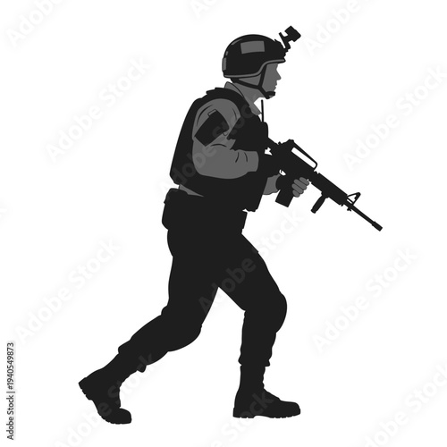 Soldier Running with Rifle, Tactical Gear, Military Action Silhouette
