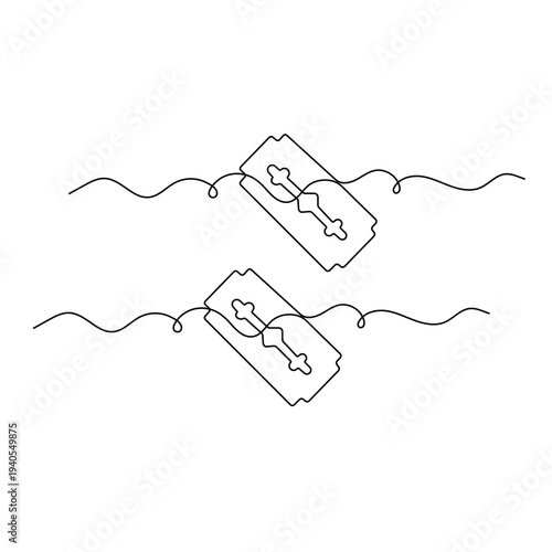 Continuous line drawing of a sharp steel razor blade on a white background
