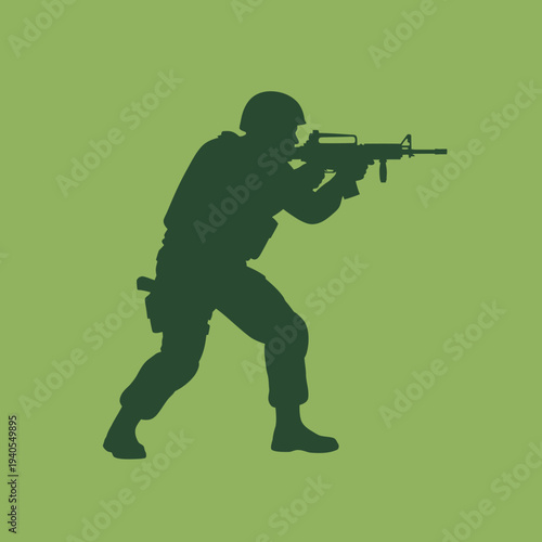 Soldier silhouette aiming assault rifle, military combat, tactical gear, action pose, green background