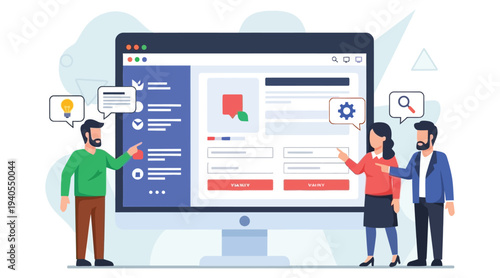 Illustration of people interacting with a large computer screen displaying a website or application dashboard with various ui elements