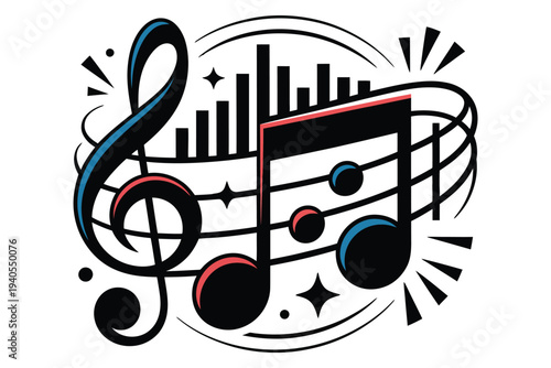 Musical notes vector art with treble clef and sound bars, a modern pop art style illustration celebrating melody and rhythm on white