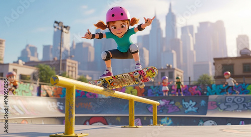 Cartoon girl skateboarder, performing a trick on a handrail, smiling and making the "hang loose" sign, in a skate park environment with graffiti.