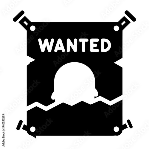 Black and White Wanted Poster Icon with Silhouette and Torn Edges