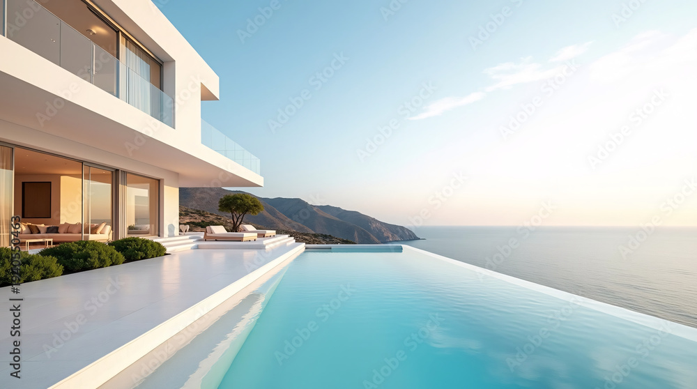 Fototapeta premium A modern, multi-level luxury villa features a striking infinity pool that merges with the calm sea. The minimalist white architecture, with floor-to-ceiling glass doors, opens to a spacious terrace wi