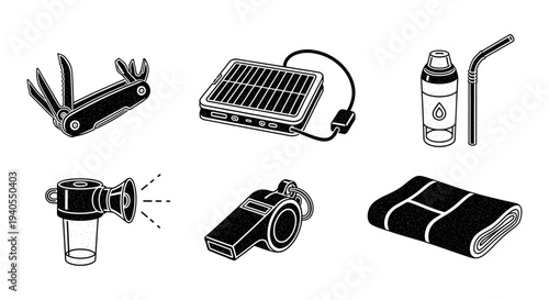 Essential Outdoor Survival Gear and Camping Equipment Icon Set