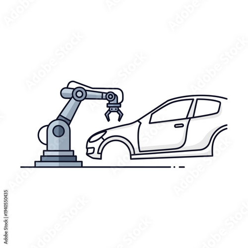 Robotic arm assembling car body on production line, industrial automation concept