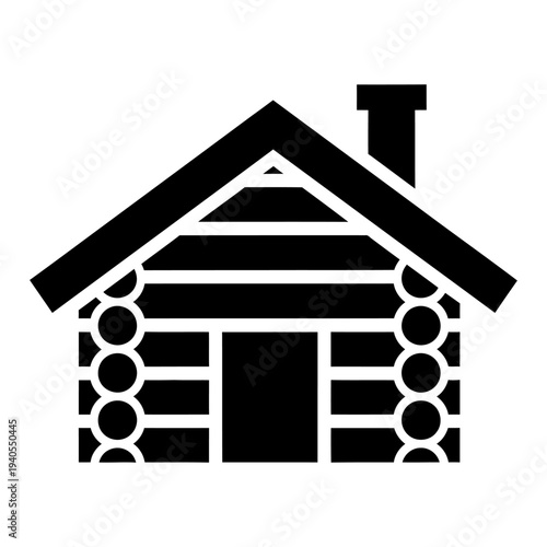 Black Silhouette Log Cabin House Icon with Chimney and Pitched Roof