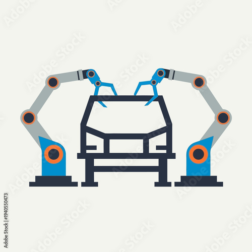 Robotic arms assembling car body on automated production line, modern factory