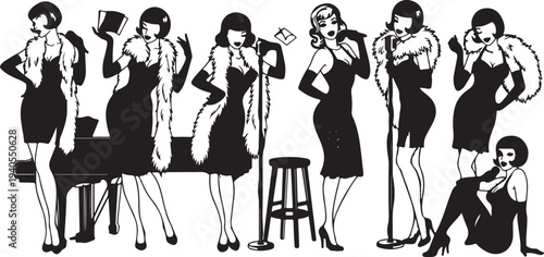 Set silhouette illustrations of kpop idols singing and dancing on stage. pop cultures.