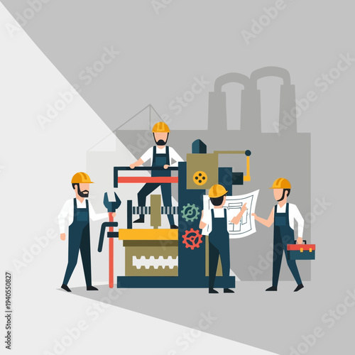 Team of engineers working on industrial machinery with blueprints and tools