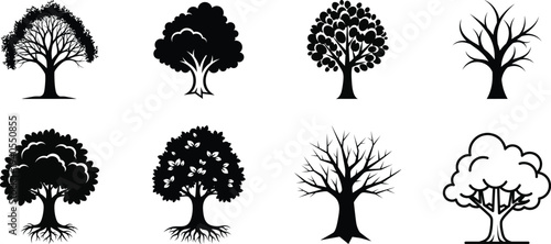 Collection of various tree silhouettes in different shapes and sizes